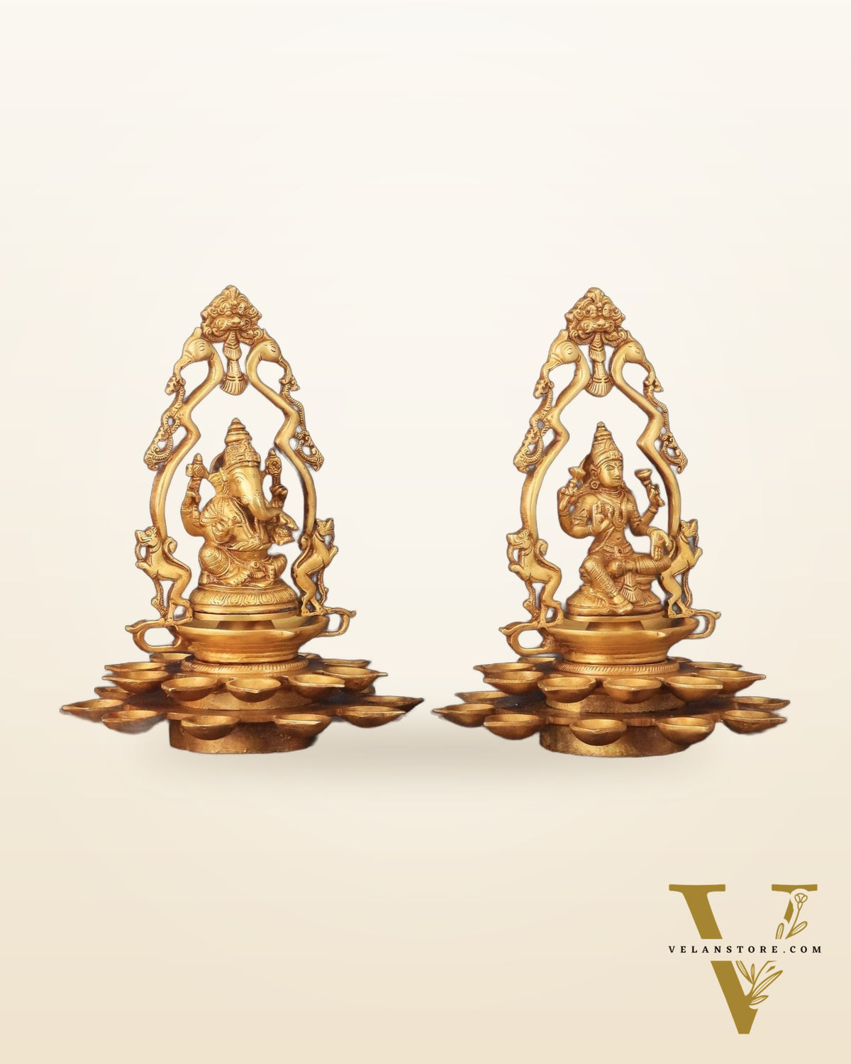 Pure Brass Ganesha and Goddess Lakshmi Statues with Diyas and Thiruvarchi Frames - 12"