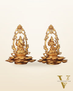 Pure Brass Ganesha and Goddess Lakshmi Statues with Diyas and Thiruvarchi Frames - 12"