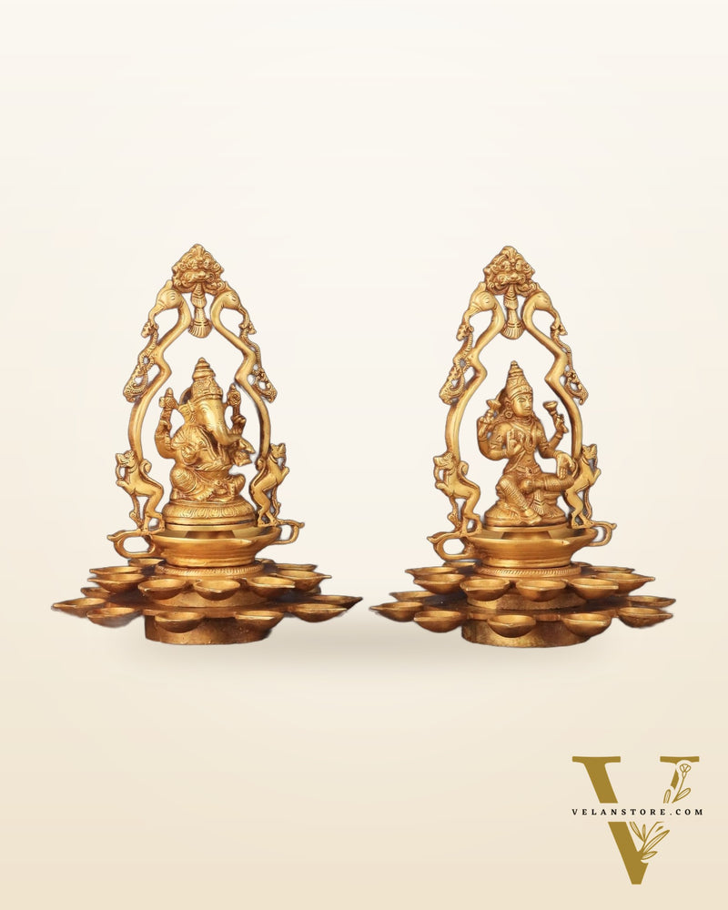 Pure Brass Ganesha and Goddess Lakshmi Statues with Diyas and Thiruvarchi Frames - 12"