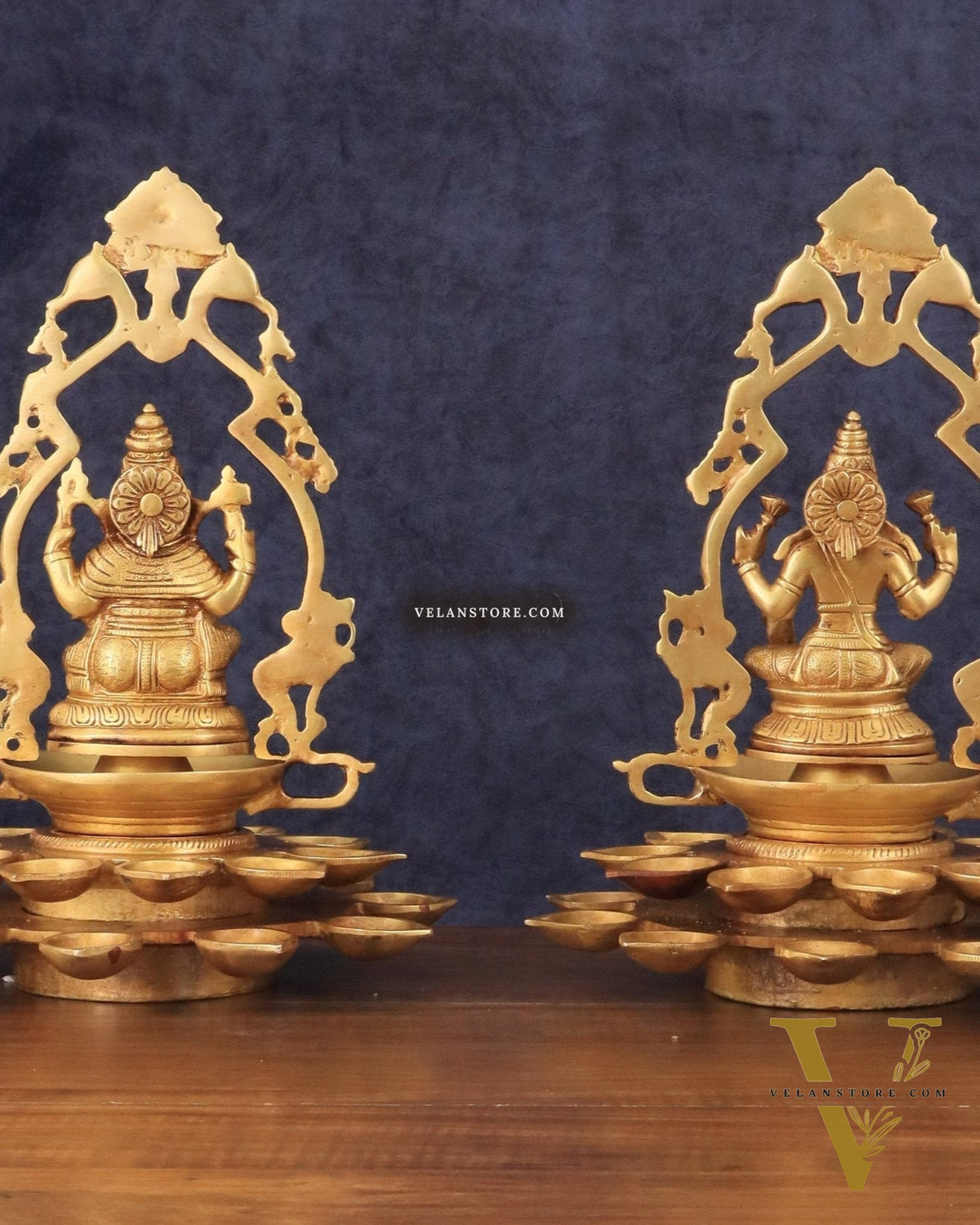 Pure Brass Ganesha and Goddess Lakshmi Statues with Diyas and Thiruvarchi Frames - 12"