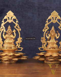 Pure Brass Ganesha and Goddess Lakshmi Statues with Diyas and Thiruvarchi Frames - 12"
