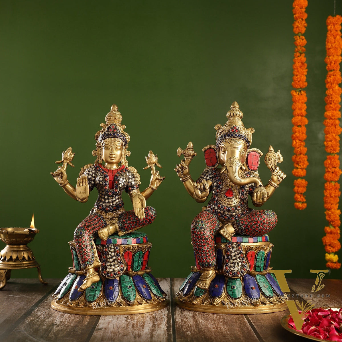 Pure Brass Ganesha and Lakshmi Idols 15 inch