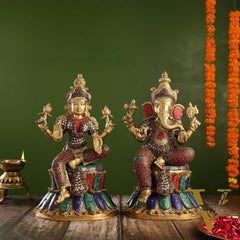 Pure Brass Ganesha and Lakshmi Idols 15 inch