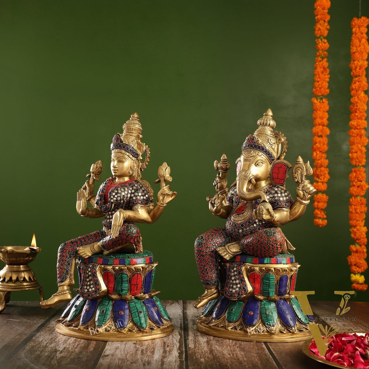 Pure Brass Ganesha and Lakshmi Idols 15 inch