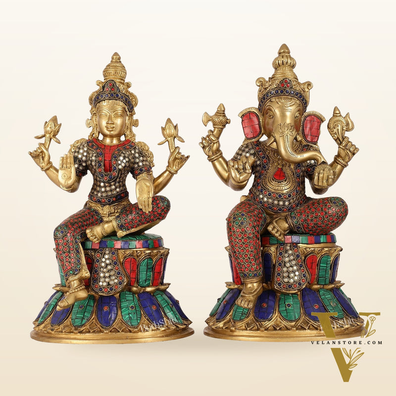 Pure Brass Ganesha and Lakshmi Idols 15 inch