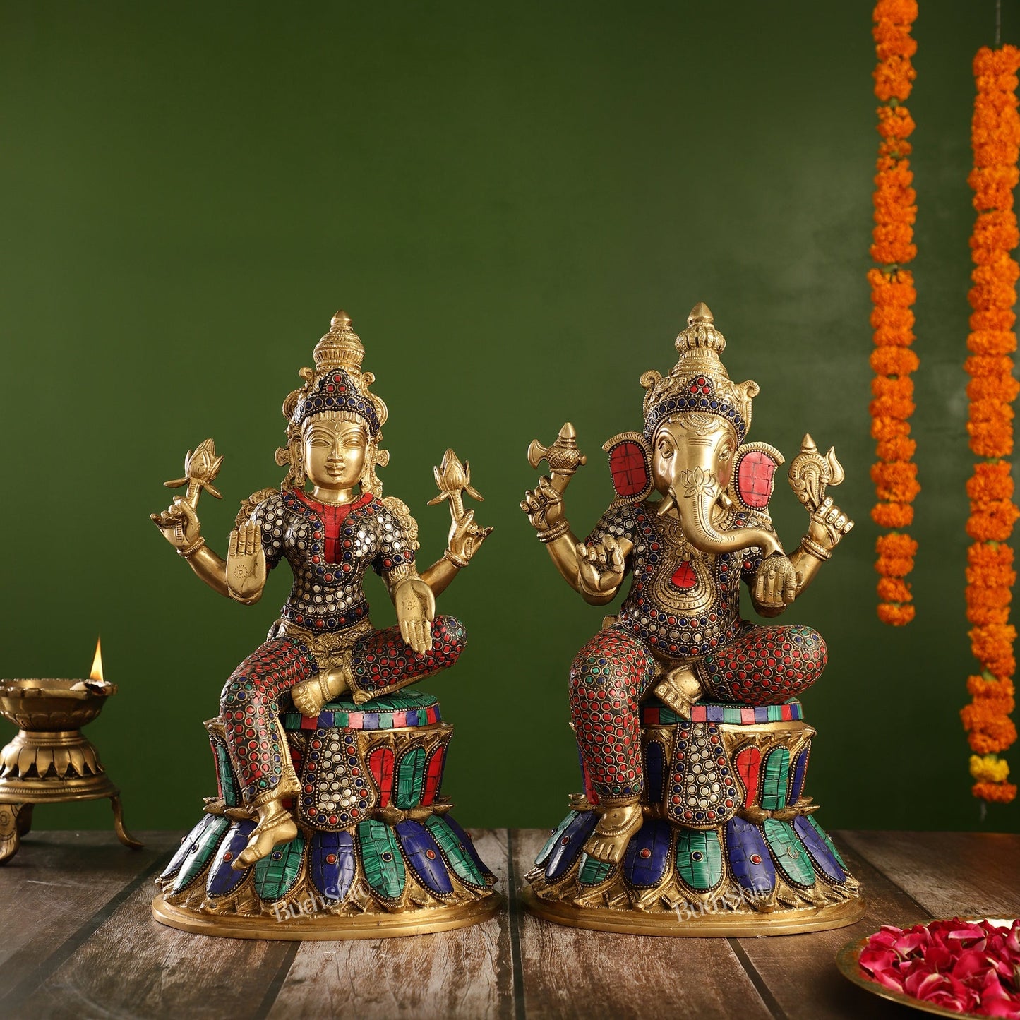 Pure Brass Ganesha and Lakshmi Idols 15 inch