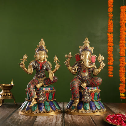 Pure Brass Ganesha and Lakshmi Idols 15 inch