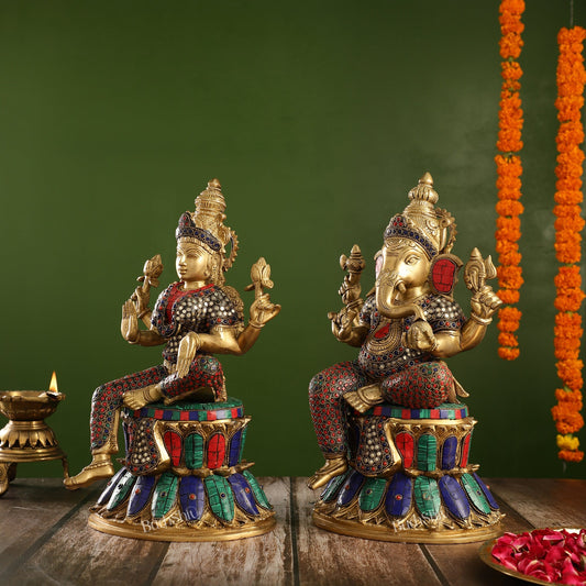 Pure Brass Ganesha and Lakshmi Idols 15 inch