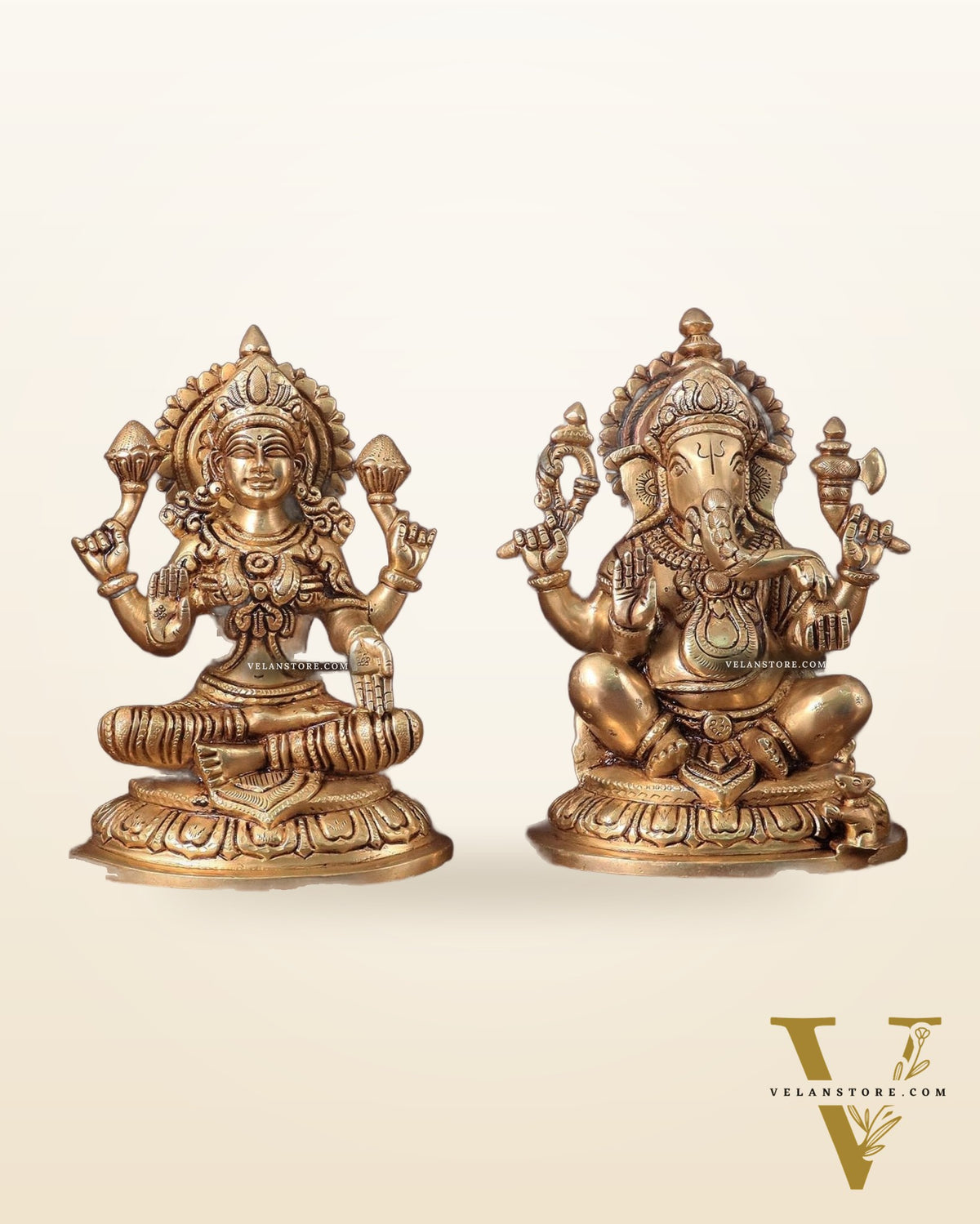 Pure Brass Ganesha and Lakshmi Idols Set - Intricate Detailing, 7.5"