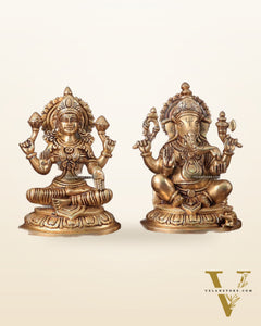 Pure Brass Ganesha and Lakshmi Idols Set - Intricate Detailing, 7.5"