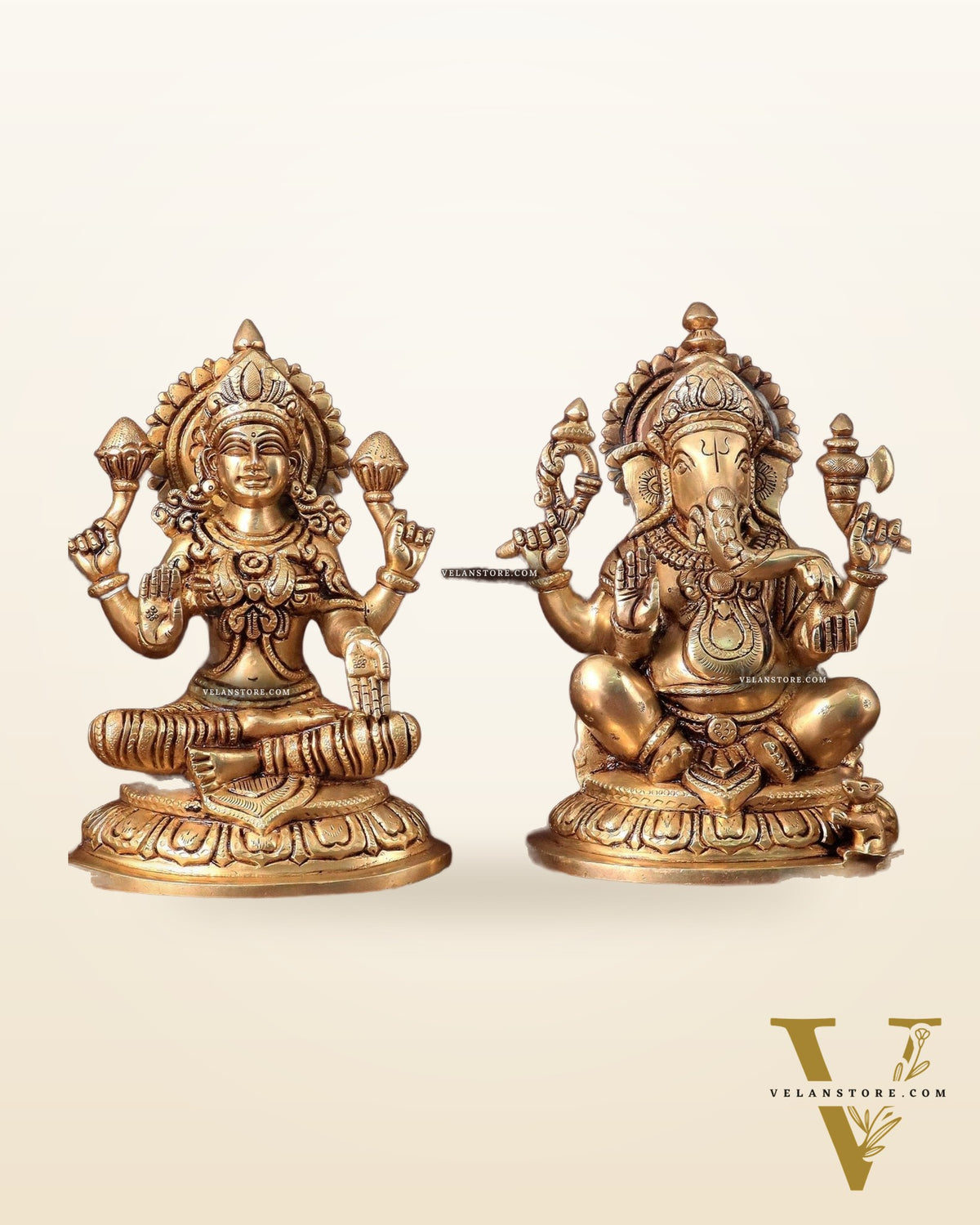 Pure Brass Ganesha and Lakshmi Idols Set - Intricate Detailing, 7.5"