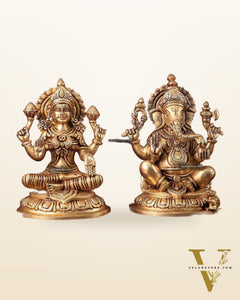 Pure Brass Ganesha and Lakshmi Idols Set - Intricate Detailing, 7.5"