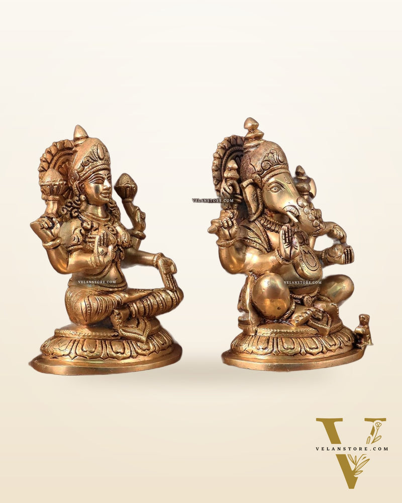 Pure Brass Ganesha and Lakshmi Idols Set - Intricate Detailing, 7.5"