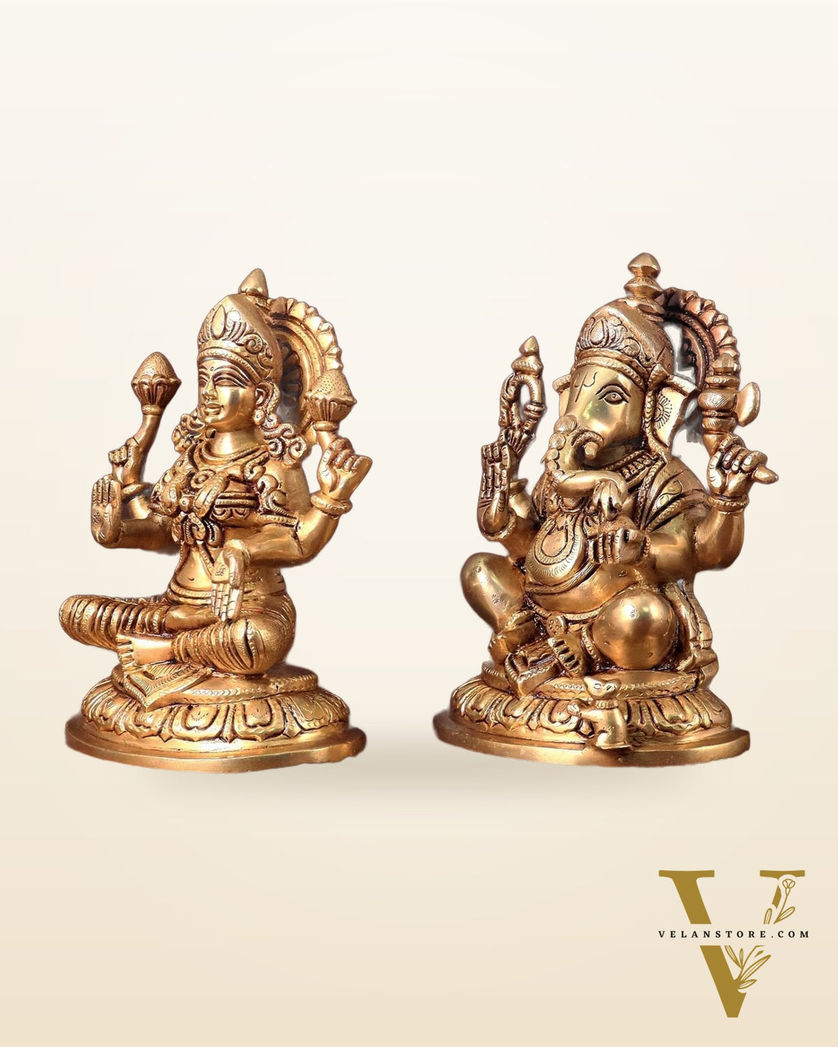 Pure Brass Ganesha and Lakshmi Idols Set - Intricate Detailing, 7.5"