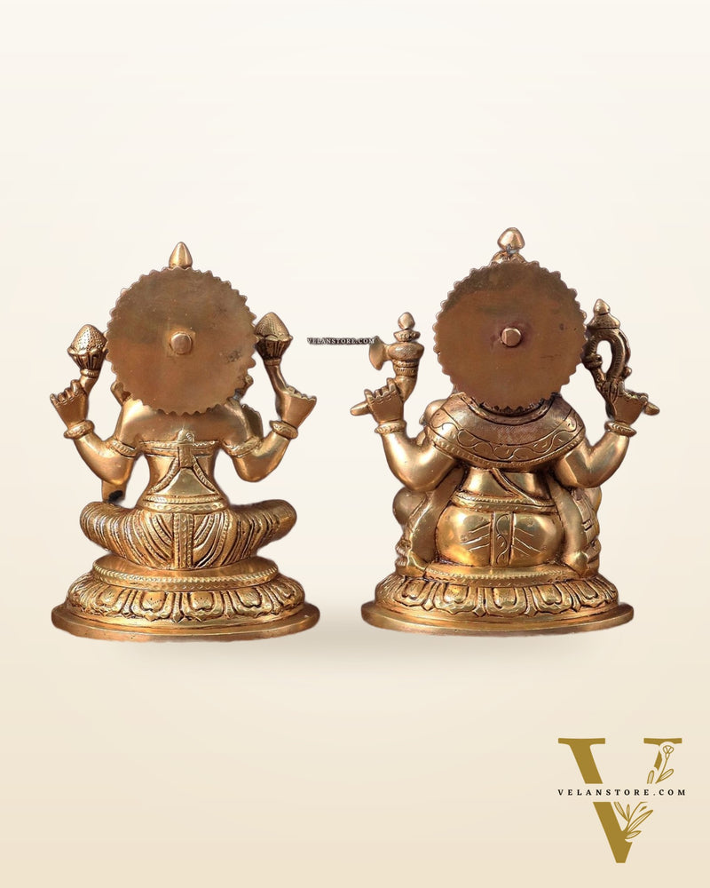 Pure Brass Ganesha and Lakshmi Idols Set - Intricate Detailing, 7.5"