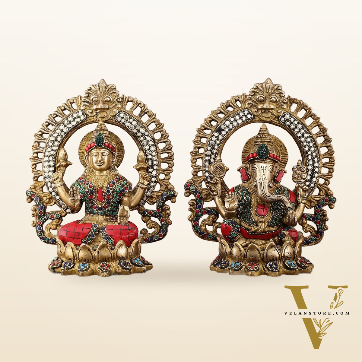 Pure Brass Ganesha and Lakshmi Idols with Meenakari Stonework 9.5"