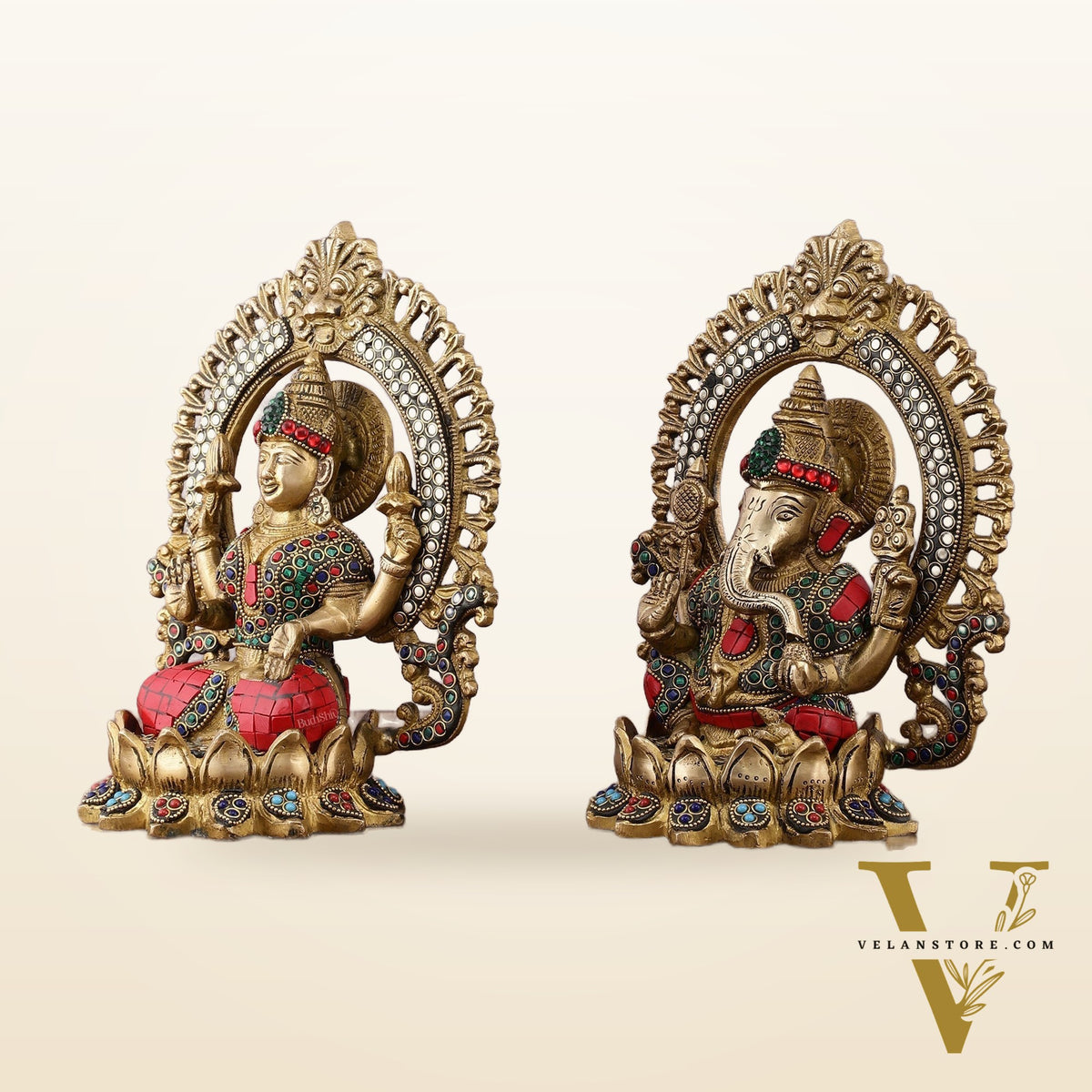Pure Brass Ganesha and Lakshmi Idols with Meenakari Stonework 9.5"