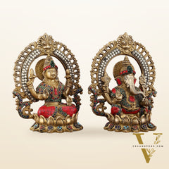 Pure Brass Ganesha and Lakshmi Idols with Meenakari Stonework 9.5"