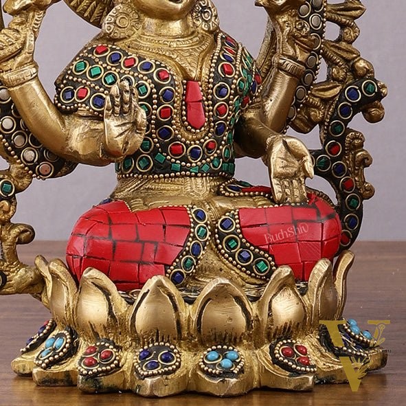 Pure Brass Ganesha and Lakshmi Idols with Meenakari Stonework 9.5"