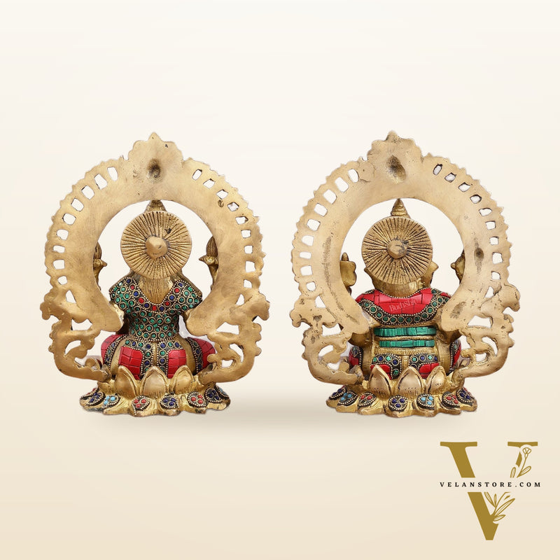 Pure Brass Ganesha and Lakshmi Idols with Meenakari Stonework 9.5"