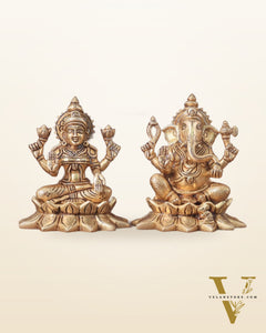 Pure Brass Ganesha and Lakshmi on Lotus Base Idol Set - 5.5"