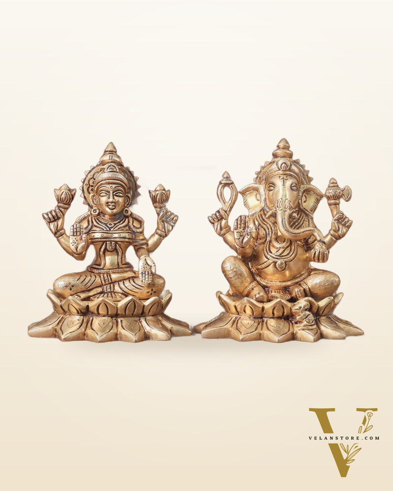 Pure Brass Ganesha and Lakshmi on Lotus Base Idol Set - 5.5"