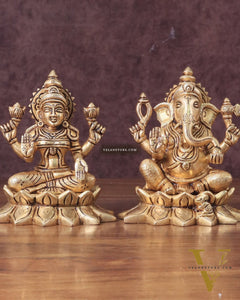 Pure Brass Ganesha and Lakshmi on Lotus Base Idol Set - 5.5"