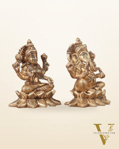 Pure Brass Ganesha and Lakshmi on Lotus Base Idol Set - 5.5"