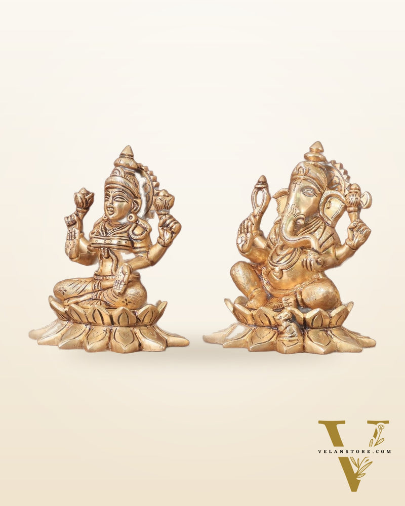 Pure Brass Ganesha and Lakshmi on Lotus Base Idol Set - 5.5"