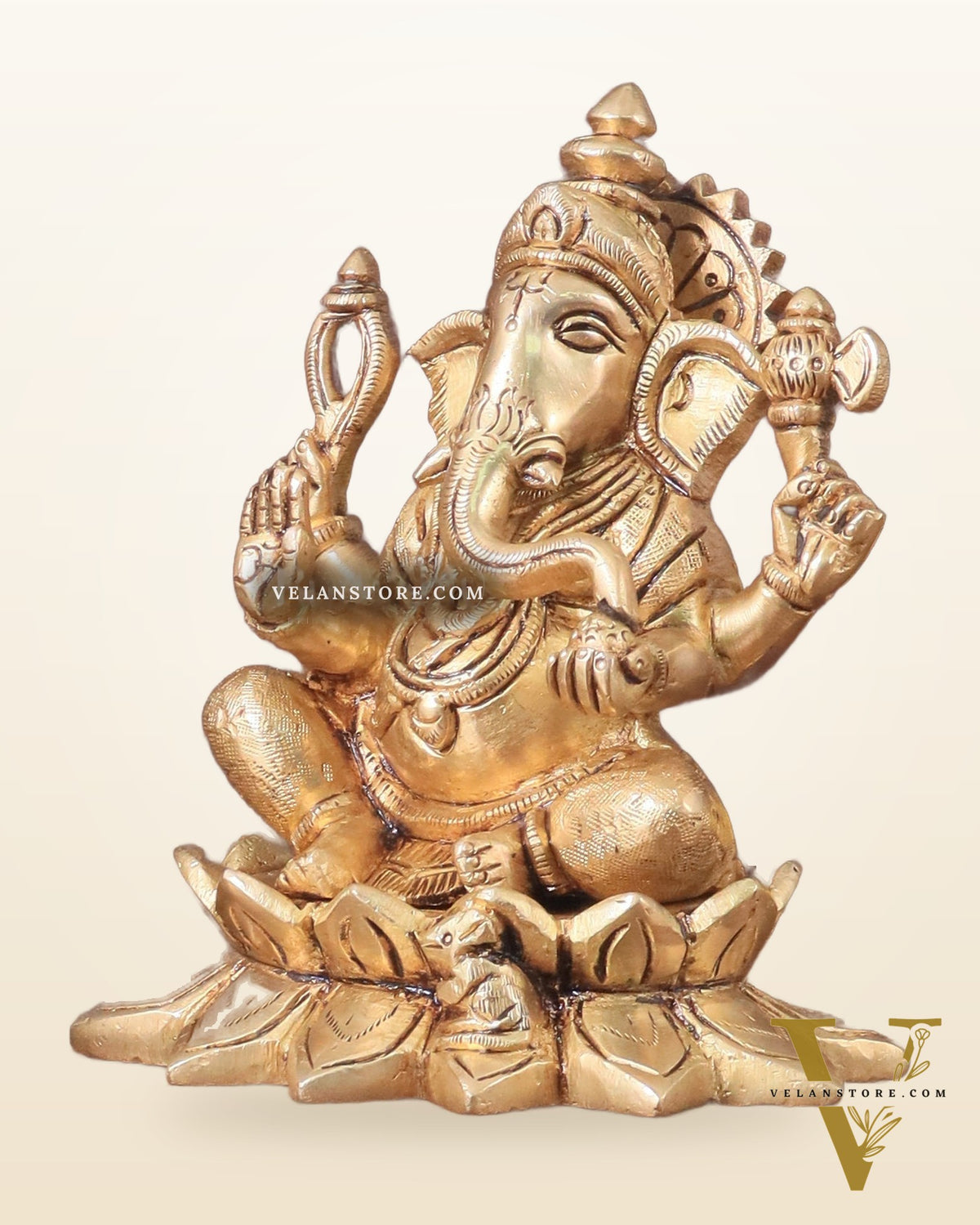 Pure Brass Ganesha and Lakshmi on Lotus Base Idol Set - 5.5"