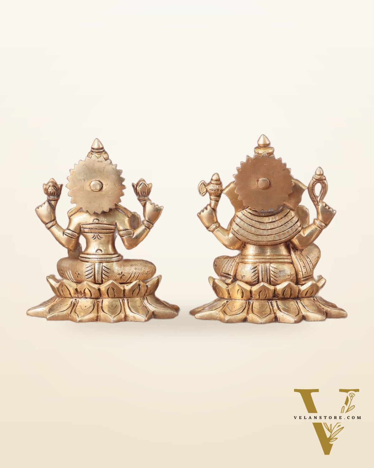 Pure Brass Ganesha and Lakshmi on Lotus Base Idol Set - 5.5"
