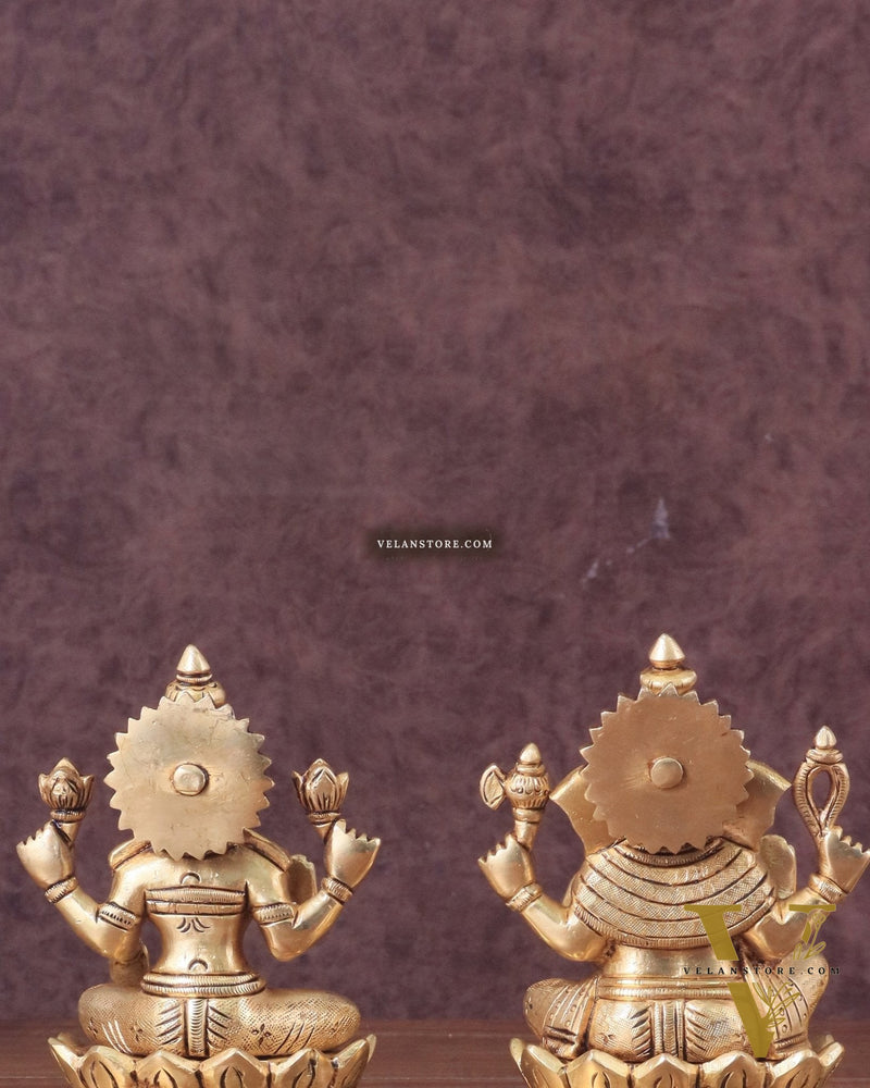 Pure Brass Ganesha and Lakshmi on Lotus Base Idol Set - 5.5"