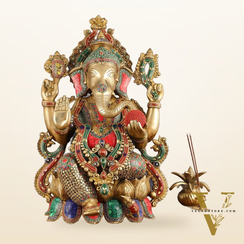 Pure Brass Ganesha Idol on lotus - 21"