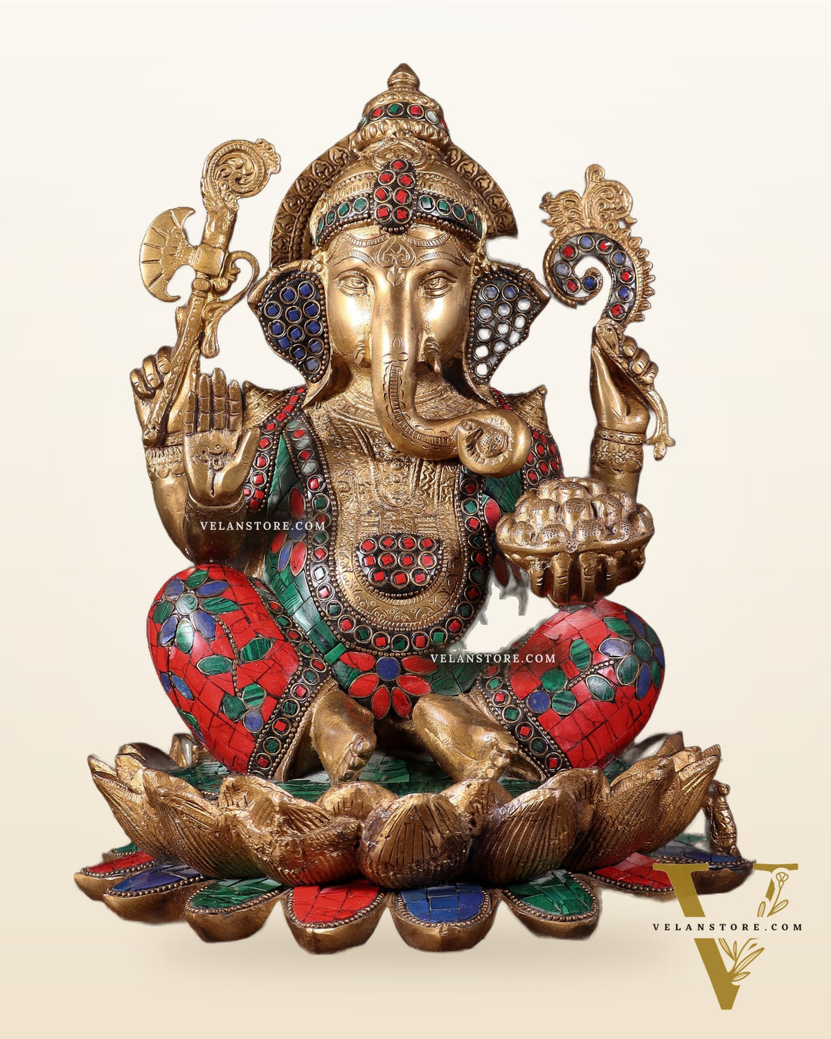 Pure Brass Ganesha Idol Seated on Lotus base  | 12"