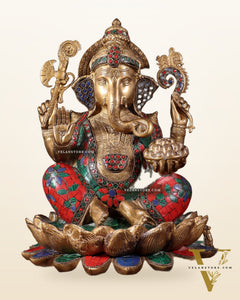 Pure Brass Ganesha Idol Seated on Lotus base  | 12"