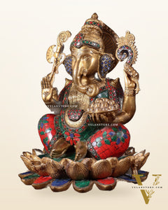 Pure Brass Ganesha Idol Seated on Lotus base  | 12"