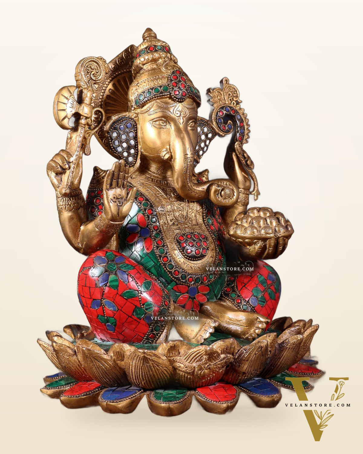Pure Brass Ganesha Idol Seated on Lotus base  | 12"