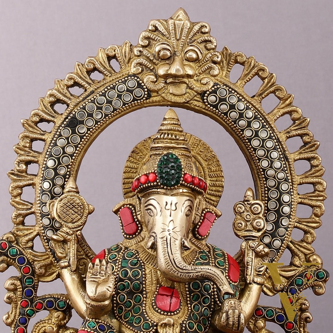Pure Brass Ganesha Idol with Meenakari Stonework 9.5"