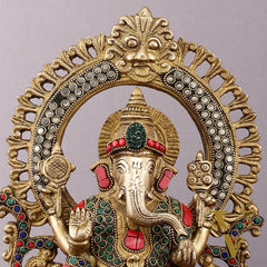 Pure Brass Ganesha Idol with Meenakari Stonework 9.5"