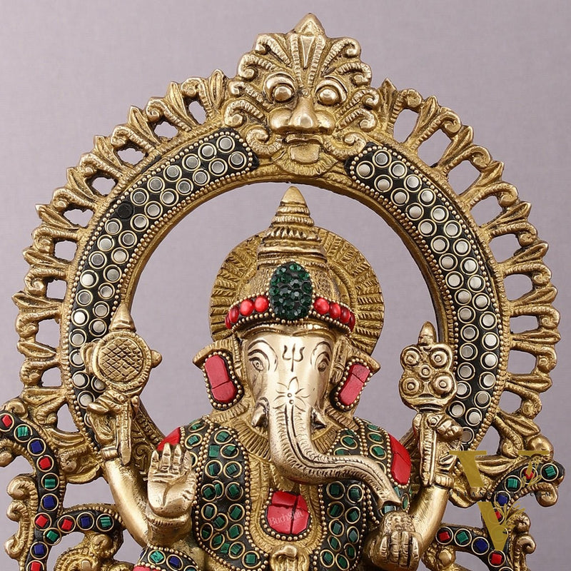 Pure Brass Ganesha Idol with Meenakari Stonework 9.5"