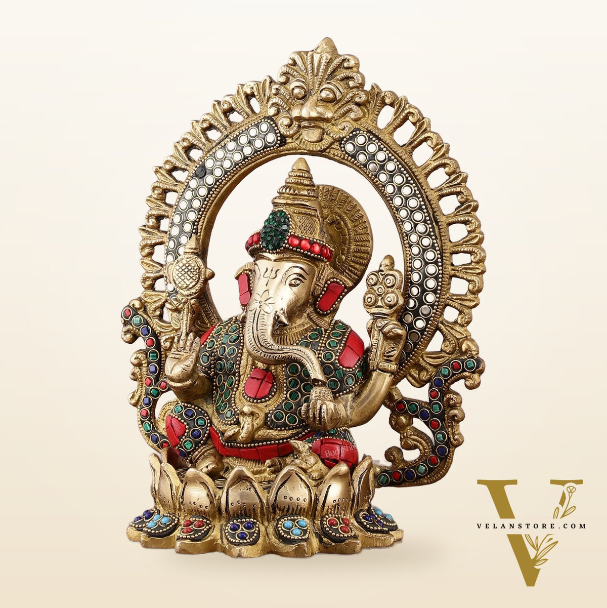 Pure Brass Ganesha Idol with Meenakari Stonework 9.5"
