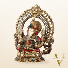Pure Brass Ganesha Idol with Meenakari Stonework 9.5"