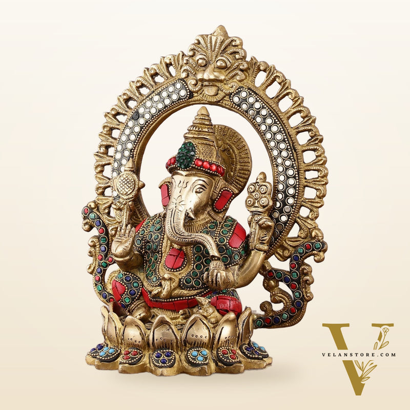 Pure Brass Ganesha Idol with Meenakari Stonework 9.5"
