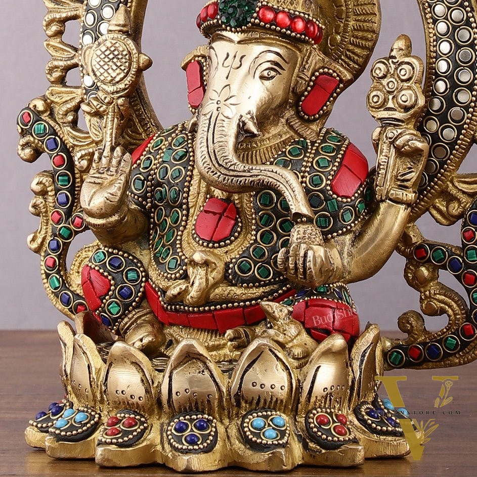 Pure Brass Ganesha Idol with Meenakari Stonework 9.5"