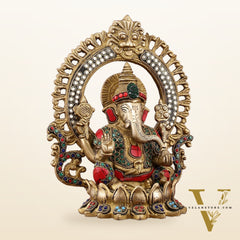 Pure Brass Ganesha Idol with Meenakari Stonework 9.5"