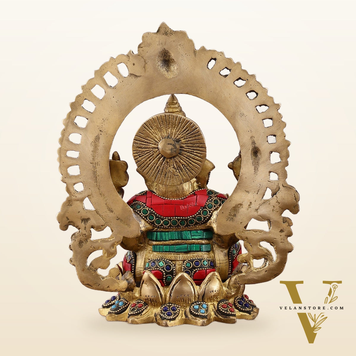 Pure Brass Ganesha Idol with Meenakari Stonework 9.5"