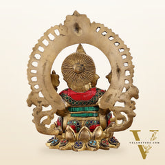 Pure Brass Ganesha Idol with Meenakari Stonework 9.5"