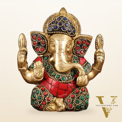 Pure Brass Ganesha Idol with Stonework - Perfect Desk Showpiece Gift 5"