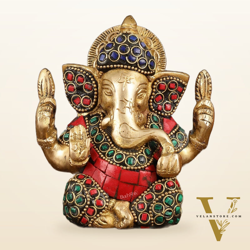Pure Brass Ganesha Idol with Stonework - Perfect Desk Showpiece Gift 5"