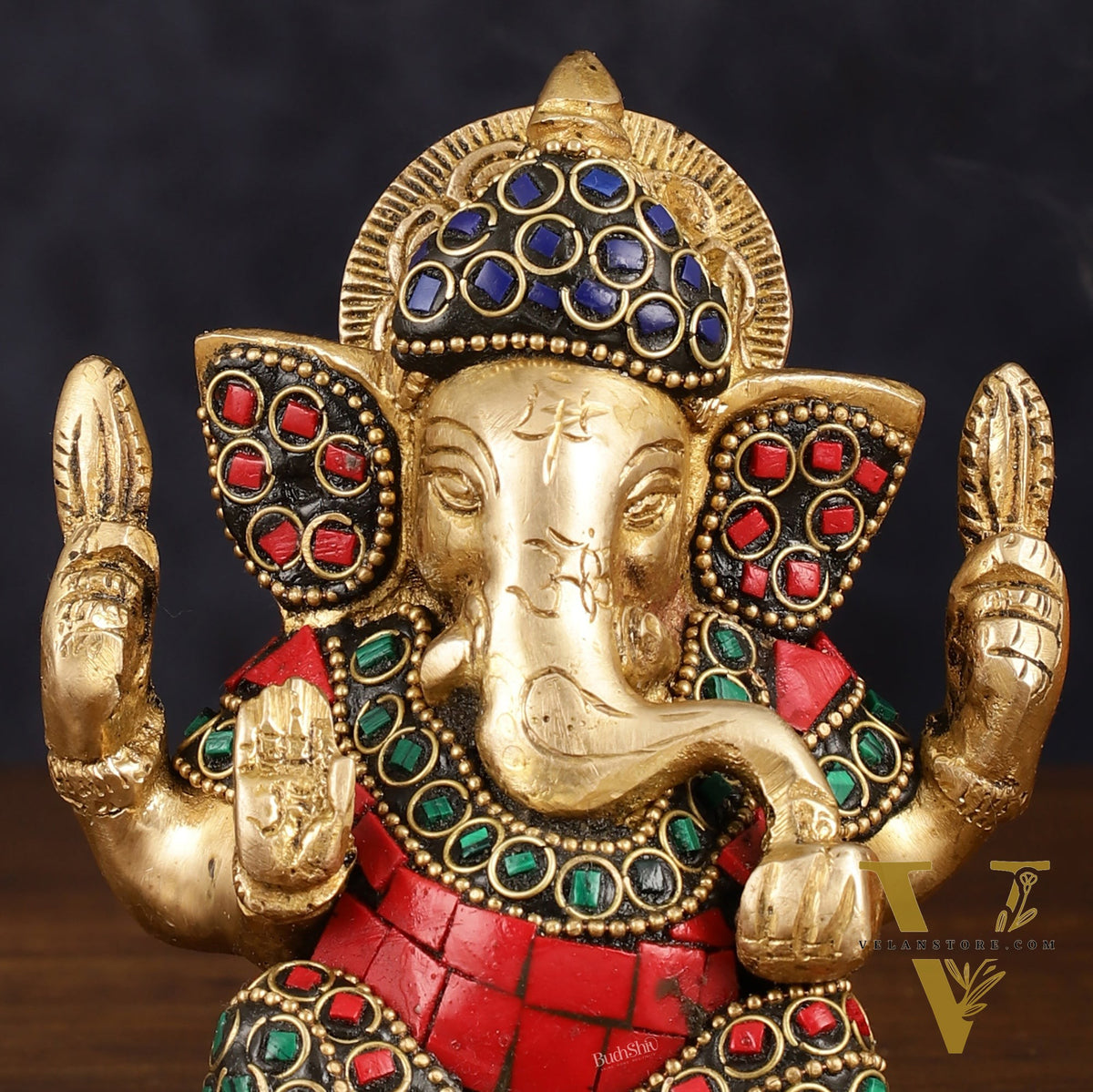Pure Brass Ganesha Idol with Stonework - Perfect Desk Showpiece Gift 5"
